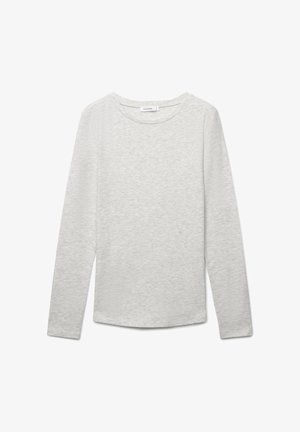 Maglia a maniche lunghe grigio chiaro con scollo rotondo e orlo dritto, realizzata in tessuto morbido leggermente strutturato, presentata stesa su sfondo bianco.