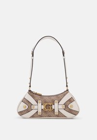 Brązowa torebka ze wzorem z białymi skórzanymi akcentami, o zakrzywionym kształcie, złotymi elementami metalowymi i pojedynczym czarnym pasek. Wymiary sugerują kompaktowy rozmiar.