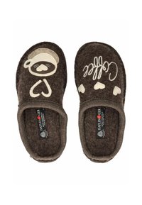 Zapatillas de lana marrón con un motivo de oso en color crema y patrones de corazones; puntera redonda, diseño simple, textura suave y suela resistente.