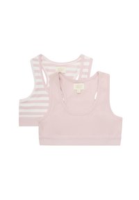 Två bralette-toppar med rundad halsringning: en i helt ljusrosa och en med ljusrosa och vita ränder. Båda har mjukt, elastiskt material och resår i nederkant.