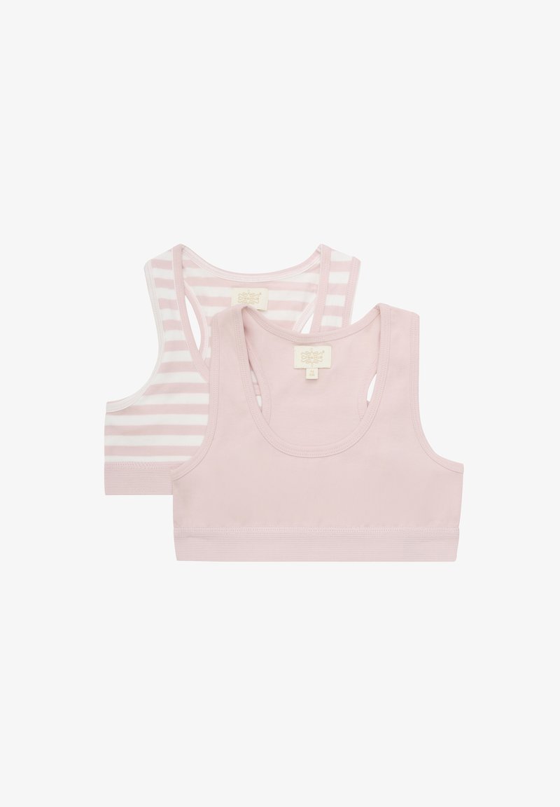 Twee bralettes met een scoop hals: één in effen lichtroze en één met lichtroze en witte strepen. Beide zijn gemaakt van zachte, rekbare stof en hebben elastische banden onderaan.