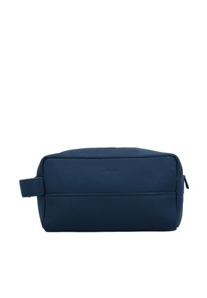 Rechteckige dunkelblaue Leder-Kosmetiktasche mit Reißverschluss und seitlichem Griff, von vorne auf weißem Hintergrund gezeigt.