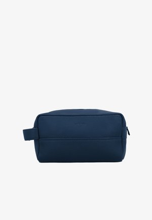 Rechteckige dunkelblaue Leder-Kosmetiktasche mit Reißverschluss und seitlichem Griff, von vorne auf weißem Hintergrund gezeigt.
