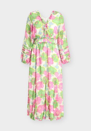 Langes Blumenkleid mit großen pinken und grünen Blumen, gerafftem V-Ausschnitt, elastischer Taille und langen Ärmeln mit mehrlagigen Rüschen.