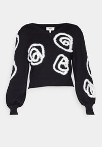 Black knit sweater with a V-neck, long puff sleeves, and white faux fur spiral patterns. Cropped design with ribbed hem and cuffs.
