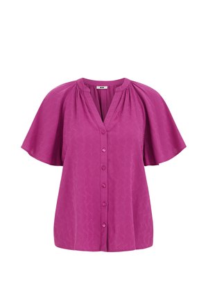 Magnóliová košile na knoflíky s krátkými, širokými rukávy a jemným strukturovaným vzorem listů, se zaobleným výstřihem s nařasenou látkou.