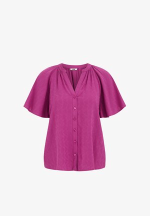 Magnóliová košile na knoflíky s krátkými, širokými rukávy a jemným strukturovaným vzorem listů, se zaobleným výstřihem s nařasenou látkou.