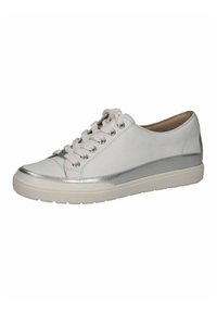 Fehér bőrsneaker ezüst fémes részletekkel, kerek orr, hat fűzőlyukkal rendelkező fűzős kialakítás és texturált gumi talp.