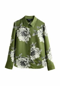 Olivovo zelená košeľa s dlhými rukávmi na gombíky s veľkými bielymi a čiernymi kvetinovými potlačami a špicatým golierom.