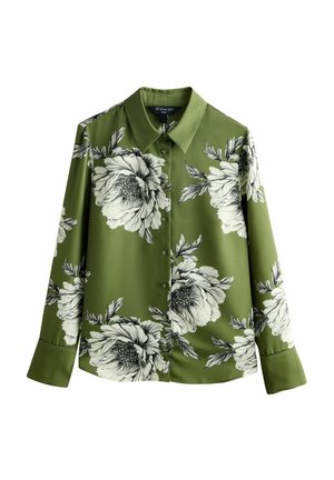 Oliviroheline pikkade varrukatega nööbitav särk, millel on suured valged ja mustad lillemustrid ning terava kraega.