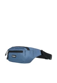 Blue fabric fanny pack with black zippered pockets, adjustable strap, and logo patch on the front. Features a sleek, rectangular design.