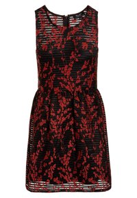 Mustapuku, jossa on punaisia kukkakirjontoja, olkaimettomuus, ja kootut yksityiskohdat keskivartalolla istuvan siluetin luomiseksi. Takana vetoketjukiinnitys.