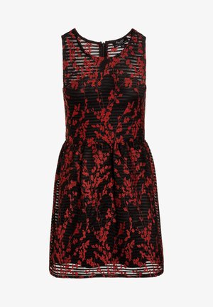 Schwarzes Kleid mit roter Blumenstickerei, ärmellosem Design und gerafftem Bund für eine figurbetonte Silhouette, mit einem Reißverschluss auf der Rückseite.