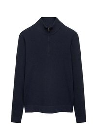 Pullover blu navy a coste con collo alto e chiusura corta con zip. Presenta maniche lunghe e orlo dritto. Tessuto a maglia morbido.