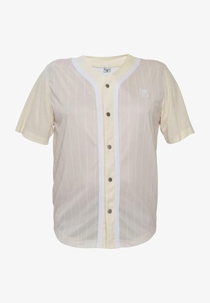 Crème kleurige korte mouwen jersey met verticale witte strepen, knopen aan de voorkant en logo patch. Gemaakt van lichtgewicht stof.