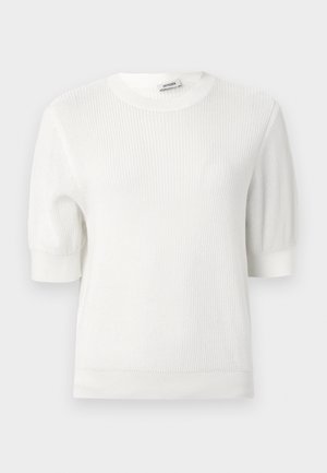 Maglione bianco a coste con maniche corte, scollatura rotonda e polsini aderenti. Tessuto liscio con motivo uniforme su tutta la superficie.