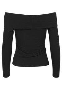 Black off-shoulder top made from ribbed fabric. Long sleeves, fitted design, and gathered detailing at the waist.