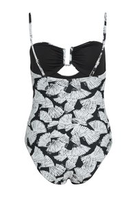 Sort badedragt i ét stykke med bladmotiv i hvid, justerbare spaghetti-stropper og udskæring bagpå. Glat tekstur.