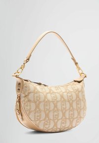 Beige fabric shoulder bag with embossed logo pattern, gold hardware accents, and a zipper closure. Curved shape with a slim strap.