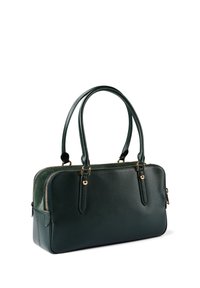 Σκούρο πράσινο δερμάτινο τσάντα με χρυσές λεπτομέρειες, διπλές λαβές και ορθογώνιο σχήμα. Λεία υφή και κλείσιμο με φερμουάρ στην κορυφή.