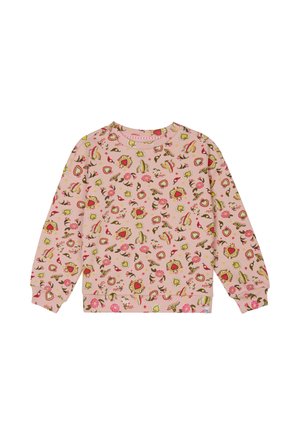 Rosa Sweatshirt mit einem Muster aus Blumen, Früchten und Blättern. Rundhals, lange Ärmel und gerippte Bündchen sowie Saum. Weicher Stoff.