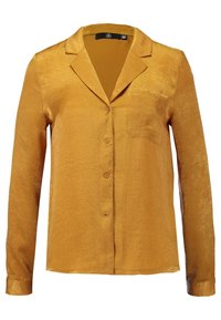 Chemise à manches longues en tissu brillant de moutarde, dotée d'une poche poitrine et d'un col à cran avec une texture lisse.