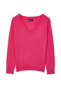 Rosa V-Ausschnitt-Pullover aus weichem Strickmaterial; verfügt über lange Ärmel und eine lockere Passform mit gerippten Bündchen und Saum.