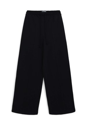 Pantaloni neri a gamba larga realizzati in un tessuto morbido. Presentano un elastico in vita con un cordoncino e cuciture laterali per una vestibilità comoda.