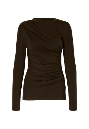 Dark brown long-sleeve fitted top with gathered drape detailing across the chest and torso, crew neckline, on a white background.