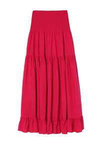 Rode tiered rok van lichtgewicht stof. Kenmerkt een smocke hoge tailleband en een gerimpelde zoom. Vloeiende ontwerp versterkt de beweging.
