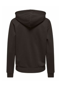 Sweat à capuche marron foncé à manches longues avec poignets et ourlet côtelés, vu de dos sur fond blanc.