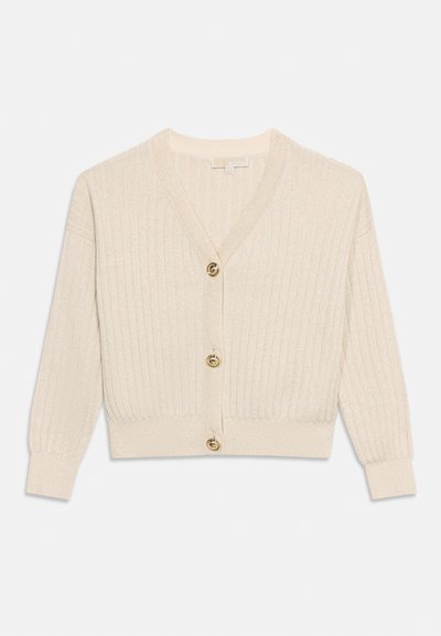 Beežika ribikangas, lühike kardigan pikkade varrukatega, V-kaelusega ja kolme suure läikiva kuldse nööbiga esiküljel.