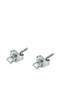 Silberne Steckohrringe mit einem klaren runden Stein, der in einem Vierkrallen-Design gefasst ist, und einer eleganten, minimalistischen Rückseite.