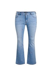 Gaiši zili denim džinsi ar platu kāju, ar smalku ziedu izšuvumu rozā un zaļā krāsā, piecu kabatu dizains, un ar rāvējslēdzēju un pogu aizdari.