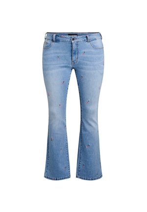 Svetlo modré nohavice z rifloviny s rozšíreným strihom, zdobené jemnou kvetinovou výšivkou v ružovej a zelenej farbe, päť vreciek a zipsom s gombíkovým zapínaním.