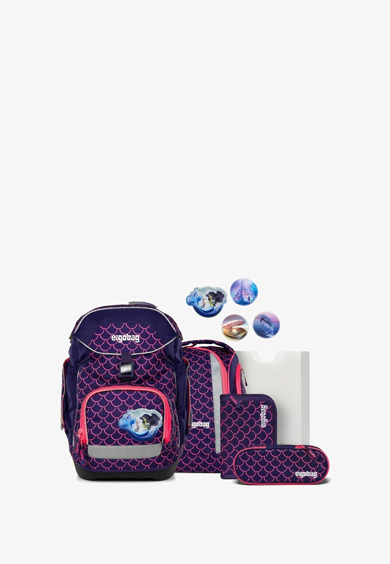 Navy blue backpack with pink scales pattern, gray accents, and multiple compartments. Includes matching pencil case and school accessories.