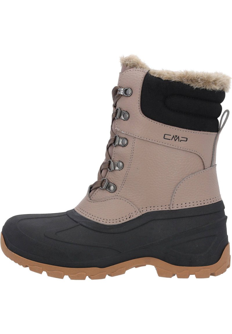 Brown insulated winter boot with faux fur trim, black paneling, and rugged black rubber lower. Features metal eyelets and textured sole.