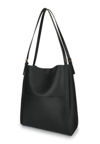 Black leather shoulder bag with a smooth texture, open top, and a front pocket. Features dual handles and gold-tone hardware accents.