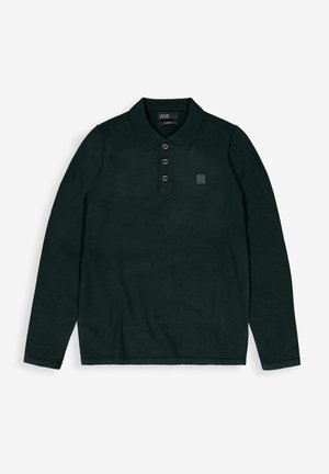Donkergroene lange mouw polo-shirt van zachte stof, met een kraag, vier knopen en een klein vierkant logo op de linkerkant van de borst.