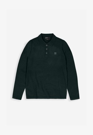 Donkergroene lange mouw polo-shirt van zachte stof, met een kraag, vier knopen en een klein vierkant logo op de linkerkant van de borst.
