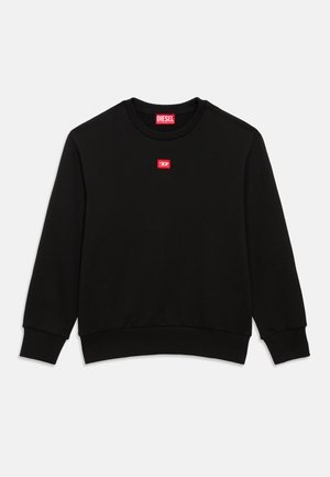 Felpa nera girocollo con maniche lunghe, con piccole toppe con logo Diesel rosso sul petto e all'interno del collo.