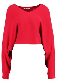 Czerwony krótki sweter z dekoltem w kształcie litery V, struktura ribbed, długie rękawy i luźny fason. Posiada metkę z napisem NA-KD.