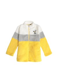 Chaqueta de felpa con un alto cuello, que presenta bloques de color en amarillo, gris y blanco. Diseño bordado de un perro en el pecho. Cierre con cremallera.