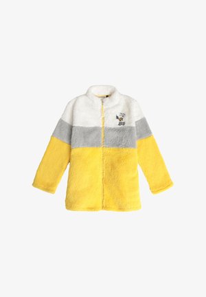 Chaqueta de felpa con un alto cuello, que presenta bloques de color en amarillo, gris y blanco. Diseño bordado de un perro en el pecho. Cierre con cremallera.