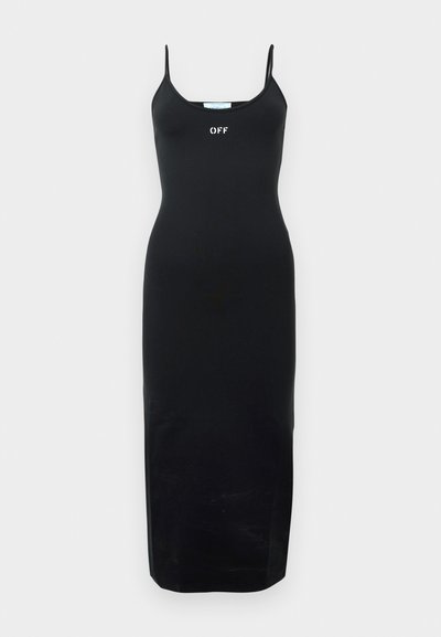 Rochie neagră, fără mâneci, cu un design ajustat, având o siluetă dreaptă și cuvântul "OFF" imprimat pe piept. Textură de material neted.