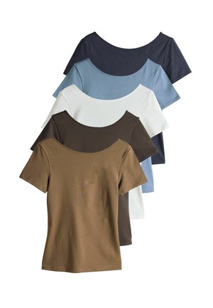 REGULAR FIT - 5 PACK SCOOP BACK FITTTED SHORT SLEEVE  - Basic T-shirt - navy blue chocolate brown brown light blue cream