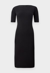 Black ribbed dress with short sleeves, round neckline, and a fitted silhouette, extending to knee length. Smooth texture, minimal detailing.