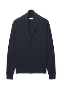 Dunkelblauer Marinecardigan mit Schalkragen, geripptem Stoff, sieben vorderen Knöpfen und eng anliegenden Bündchen. Hergestellt aus weichem Material.