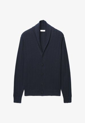 Dunkelblauer Marinecardigan mit Schalkragen, geripptem Stoff, sieben vorderen Knöpfen und eng anliegenden Bündchen. Hergestellt aus weichem Material.