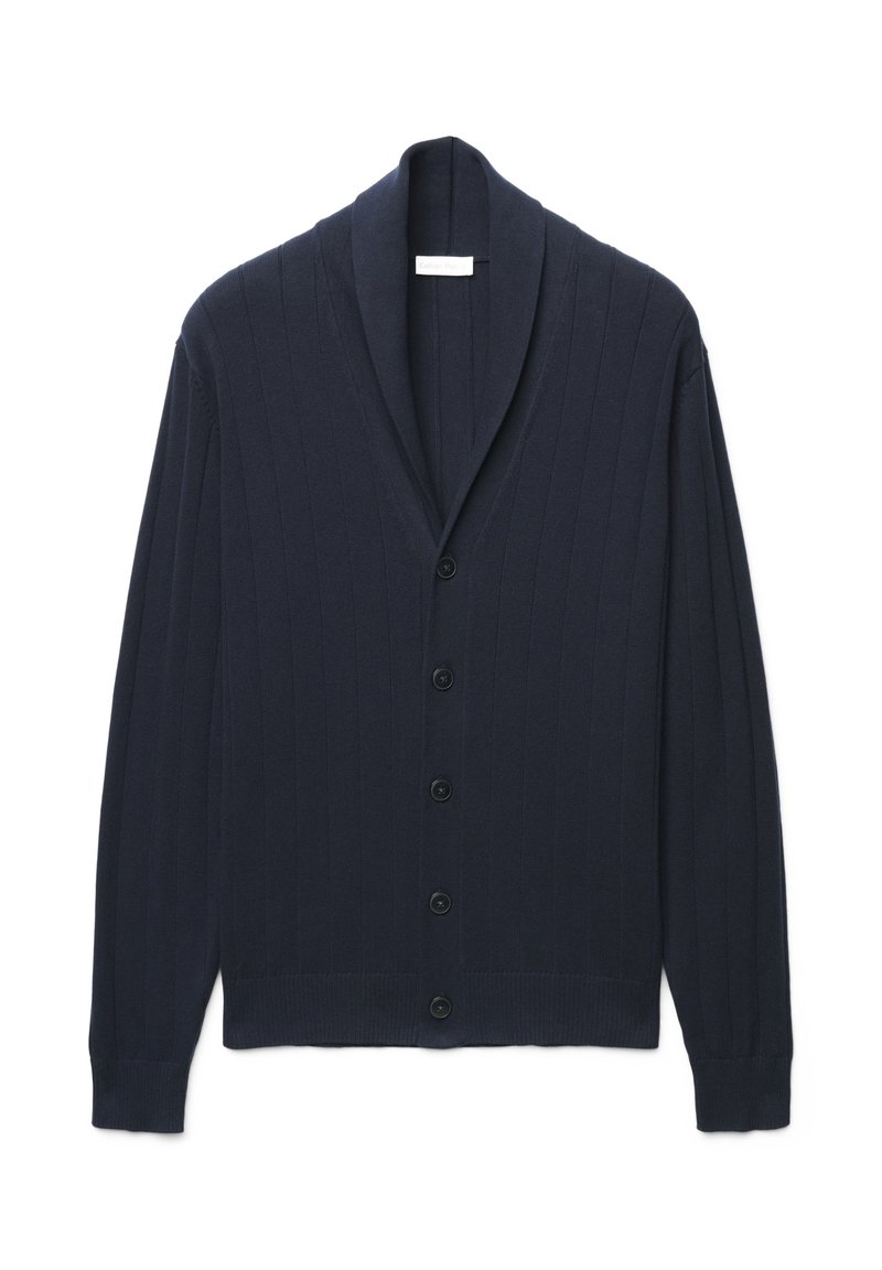 Dunkelblauer Marinecardigan mit Schalkragen, geripptem Stoff, sieben vorderen Knöpfen und eng anliegenden Bündchen. Hergestellt aus weichem Material.